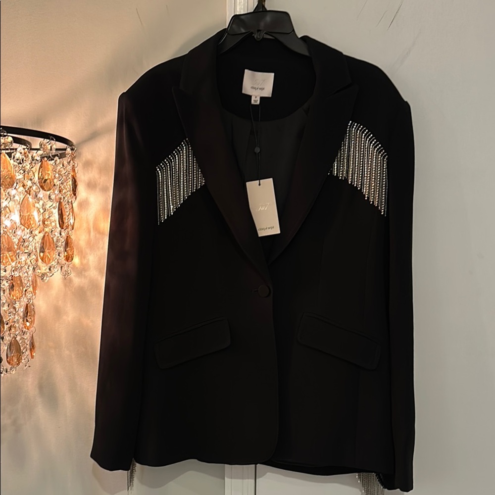 NWT $695 Cinq a Sept black blazer with rhinestone fringe size 6